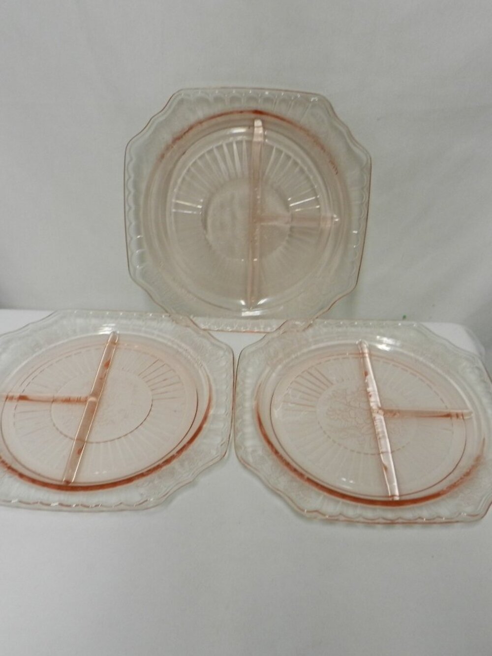 Vintage Anchor Hocking Pink Princess Glass Divided Set 3 Lunch plates 9.5 x 9.5